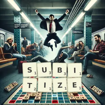 Creative illustration for a Scrabble game with the word SUBITIZE spelled out in tiles on the board.