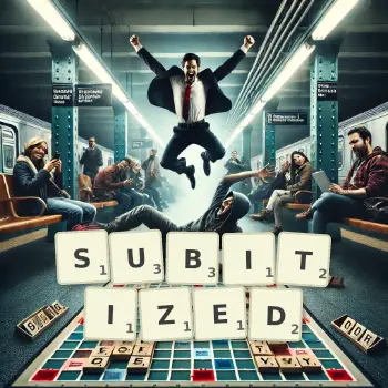 Creative illustration for a Scrabble game with the word SUBITIZED spelled out in tiles on the board.