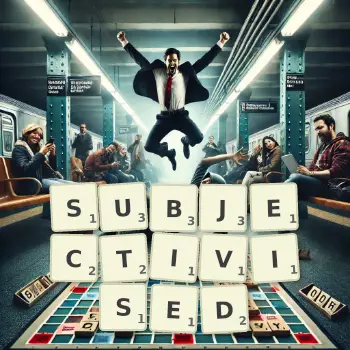Creative illustration for a Scrabble game with the word SUBJECTIVISED spelled out in tiles on the board.