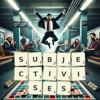 Creative illustration for a Scrabble game with the word SUBJECTIVISES spelled out in tiles on the board.