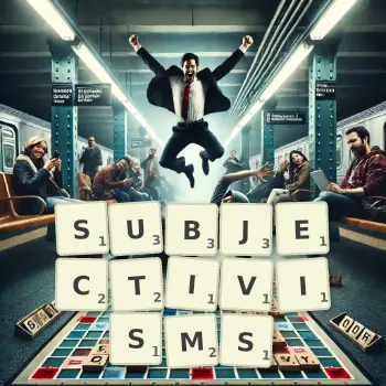 Creative illustration for a Scrabble game with the word SUBJECTIVISMS spelled out in tiles on the board.