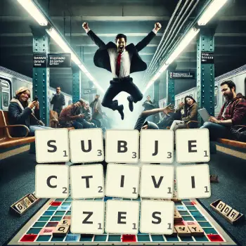 Creative illustration for a Scrabble game with the word SUBJECTIVIZES spelled out in tiles on the board.