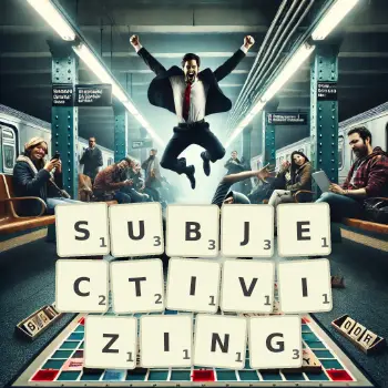 Creative illustration for a Scrabble game with the word SUBJECTIVIZING spelled out in tiles on the board.
