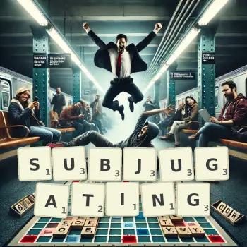 Creative illustration for a Scrabble game with the word SUBJUGATING spelled out in tiles on the board.