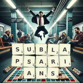 Creative illustration for a Scrabble game with the word SUBLAPSARIANS spelled out in tiles on the board.