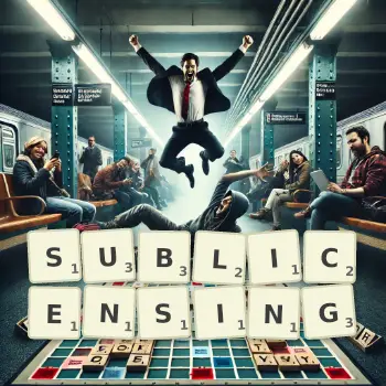 Creative illustration for a Scrabble game with the word SUBLICENSING spelled out in tiles on the board.