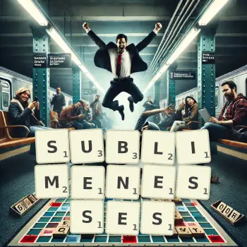 Creative illustration for a Scrabble game with the word SUBLIMENESSES spelled out in tiles on the board.