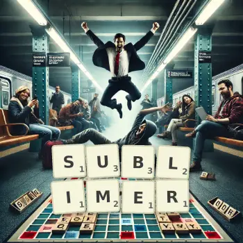 Creative illustration for a Scrabble game with the word SUBLIMER spelled out in tiles on the board.