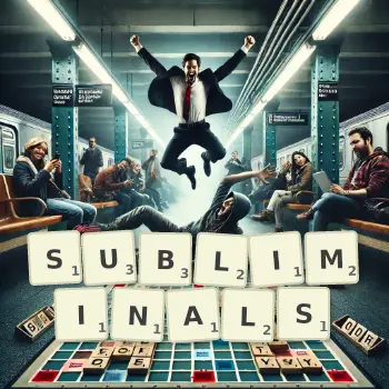 Creative illustration for a Scrabble game with the word SUBLIMINALS spelled out in tiles on the board.