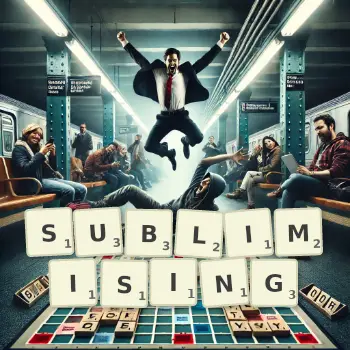 Creative illustration for a Scrabble game with the word SUBLIMISING spelled out in tiles on the board.