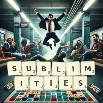 Creative illustration for a Scrabble game with the word SUBLIMITIES spelled out in tiles on the board.