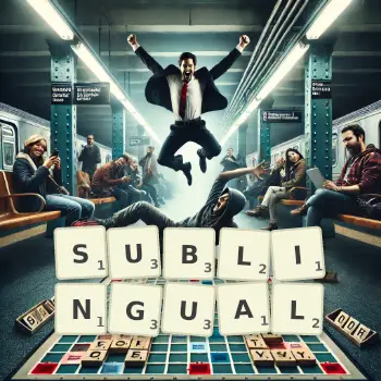 Creative illustration for a Scrabble game with the word SUBLINGUAL spelled out in tiles on the board.