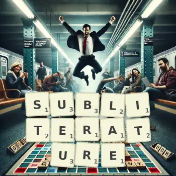 Creative illustration for a Scrabble game with the word SUBLITERATURE spelled out in tiles on the board.