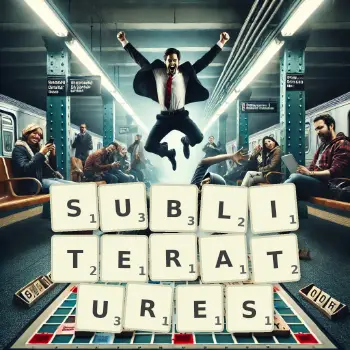 Creative illustration for a Scrabble game with the word SUBLITERATURES spelled out in tiles on the board.