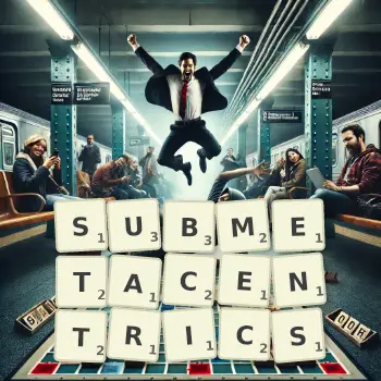 Creative illustration for a Scrabble game with the word SUBMETACENTRICS spelled out in tiles on the board.