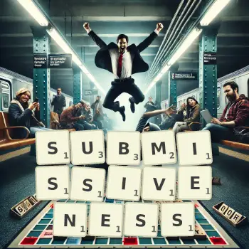 Creative illustration for a Scrabble game with the word SUBMISSIVENESS spelled out in tiles on the board.