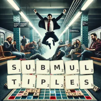 Creative illustration for a Scrabble game with the word SUBMULTIPLES spelled out in tiles on the board.