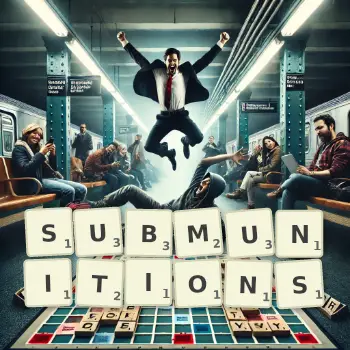 Creative illustration for a Scrabble game with the word SUBMUNITIONS spelled out in tiles on the board.