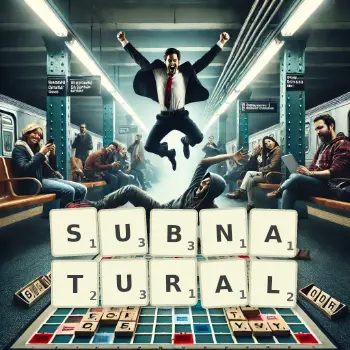 Creative illustration for a Scrabble game with the word SUBNATURAL spelled out in tiles on the board.