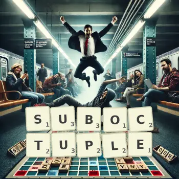 Creative illustration for a Scrabble game with the word SUBOCTUPLE spelled out in tiles on the board.