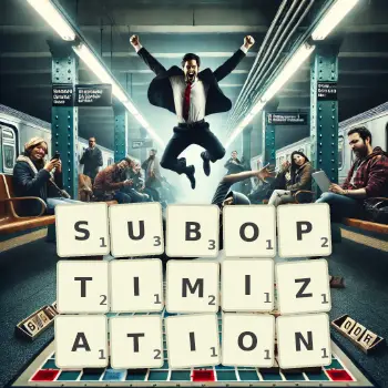 Creative illustration for a Scrabble game with the word SUBOPTIMIZATION spelled out in tiles on the board.
