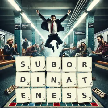 Creative illustration for a Scrabble game with the word SUBORDINATENESS spelled out in tiles on the board.