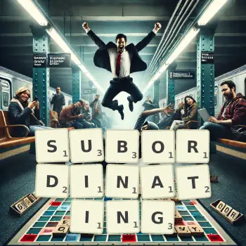 Creative illustration for a Scrabble game with the word SUBORDINATING spelled out in tiles on the board.