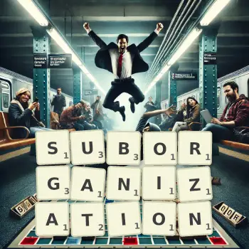 Creative illustration for a Scrabble game with the word SUBORGANIZATION spelled out in tiles on the board.