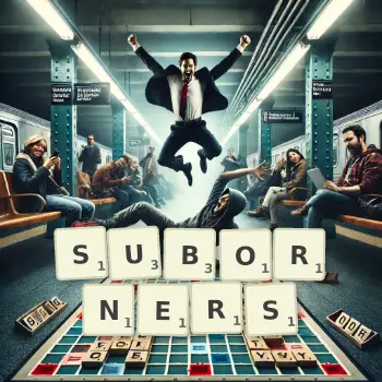 Creative illustration for a Scrabble game with the word SUBORNERS spelled out in tiles on the board.