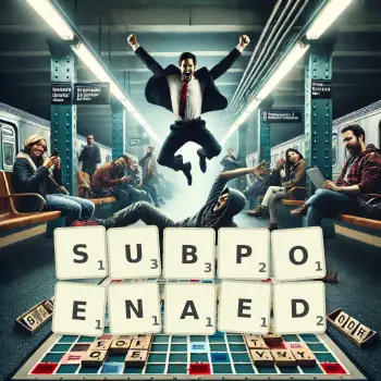 Creative illustration for a Scrabble game with the word SUBPOENAED spelled out in tiles on the board.