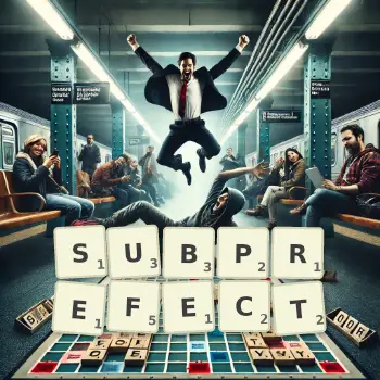 Creative illustration for a Scrabble game with the word SUBPREFECT spelled out in tiles on the board.