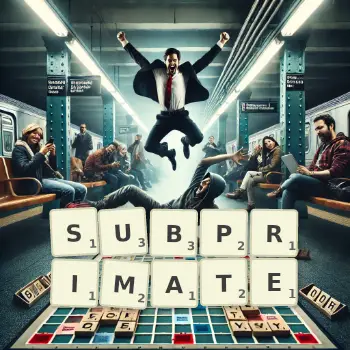 Creative illustration for a Scrabble game with the word SUBPRIMATE spelled out in tiles on the board.