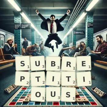 Creative illustration for a Scrabble game with the word SUBREPTITIOUS spelled out in tiles on the board.