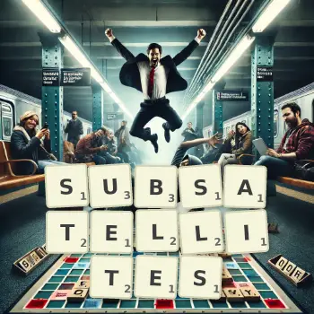 Creative illustration for a Scrabble game with the word SUBSATELLITES spelled out in tiles on the board.