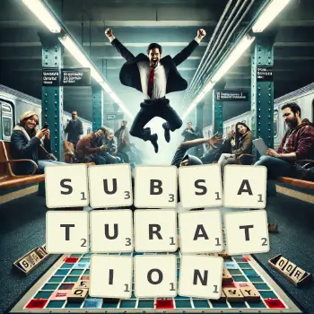 Creative illustration for a Scrabble game with the word SUBSATURATION spelled out in tiles on the board.
