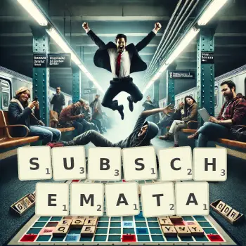 Creative illustration for a Scrabble game with the word SUBSCHEMATA spelled out in tiles on the board.