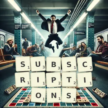 Creative illustration for a Scrabble game with the word SUBSCRIPTIONS spelled out in tiles on the board.