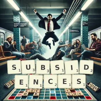 Creative illustration for a Scrabble game with the word SUBSIDENCES spelled out in tiles on the board.