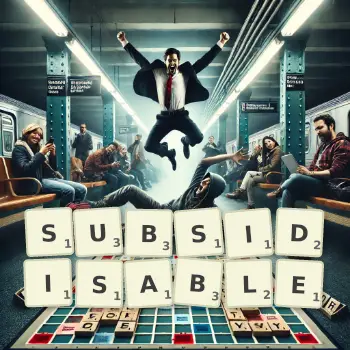 Creative illustration for a Scrabble game with the word SUBSIDISABLE spelled out in tiles on the board.