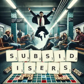 Creative illustration for a Scrabble game with the word SUBSIDISERS spelled out in tiles on the board.
