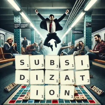 Creative illustration for a Scrabble game with the word SUBSIDIZATION spelled out in tiles on the board.