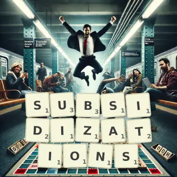 Creative illustration for a Scrabble game with the word SUBSIDIZATIONS spelled out in tiles on the board.