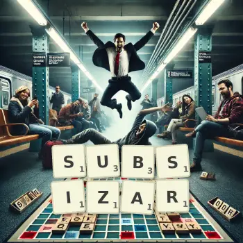 Creative illustration for a Scrabble game with the word SUBSIZAR spelled out in tiles on the board.