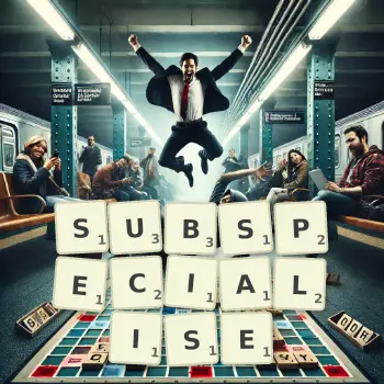 Creative illustration for a Scrabble game with the word SUBSPECIALISE spelled out in tiles on the board.