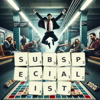 Creative illustration for a Scrabble game with the word SUBSPECIALIST spelled out in tiles on the board.