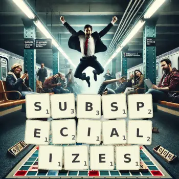 Creative illustration for a Scrabble game with the word SUBSPECIALIZES spelled out in tiles on the board.