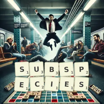 Creative illustration for a Scrabble game with the word SUBSPECIES spelled out in tiles on the board.