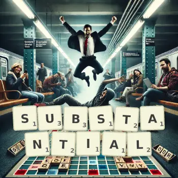 Creative illustration for a Scrabble game with the word SUBSTANTIAL spelled out in tiles on the board.