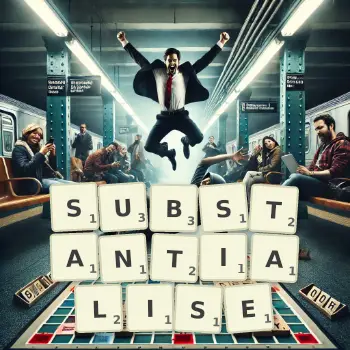 Creative illustration for a Scrabble game with the word SUBSTANTIALISE spelled out in tiles on the board.