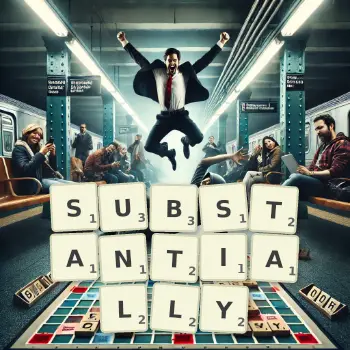 Creative illustration for a Scrabble game with the word SUBSTANTIALLY spelled out in tiles on the board.